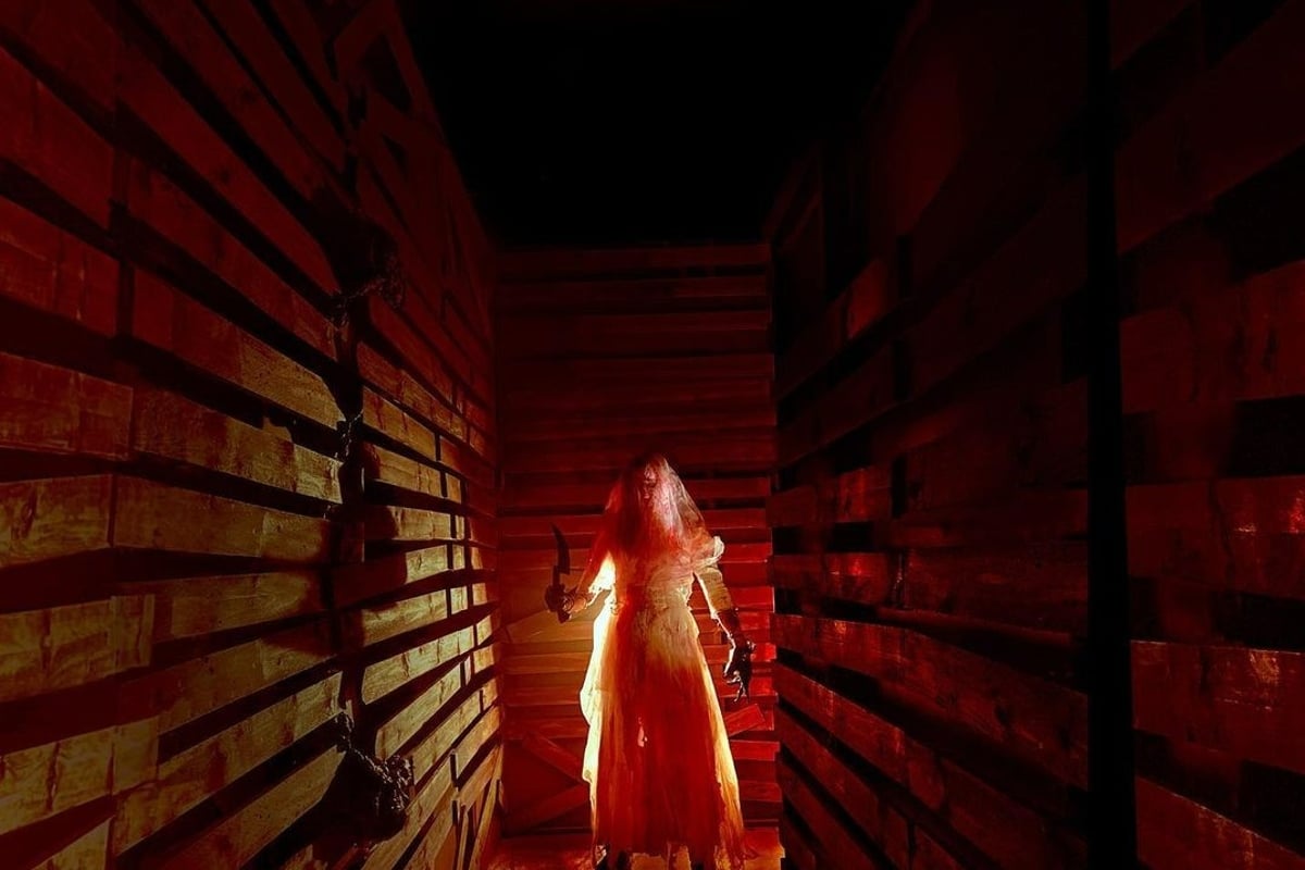 scary woman in a wedding dress, underground maze, horror