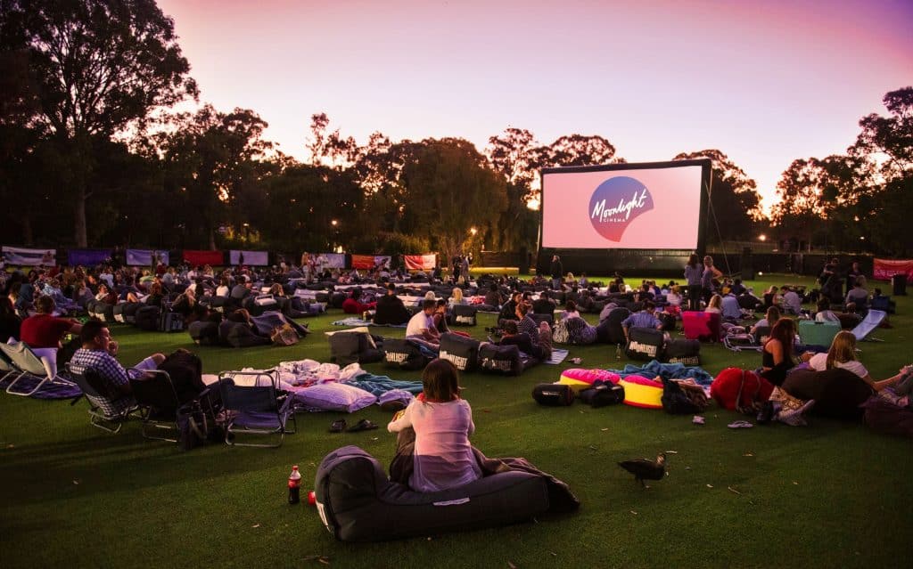 people gathered at an outdoor cinema