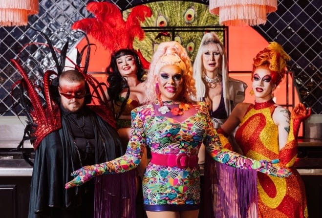 a photo of five drag queens at the wickham