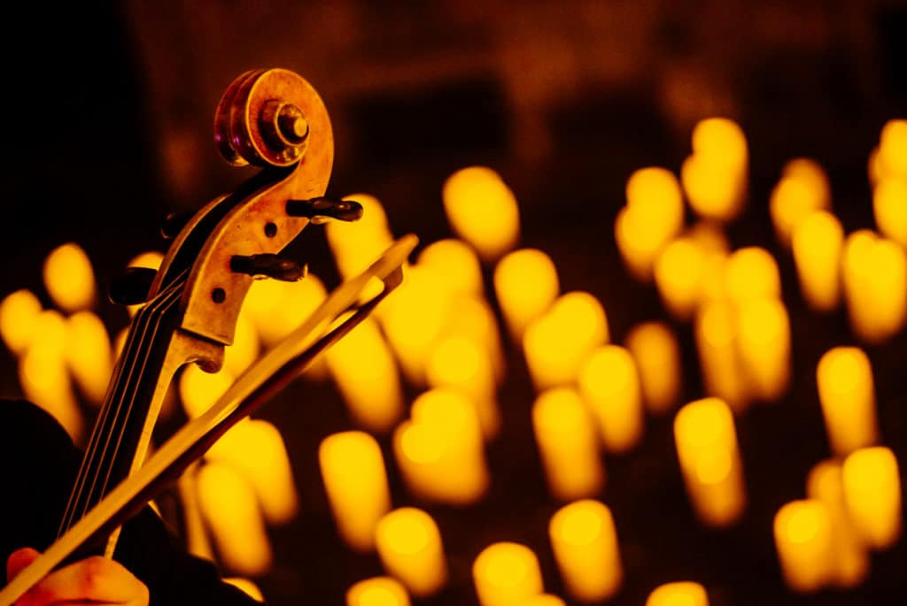 Closeup of a violin at a Fever Candlelight concert