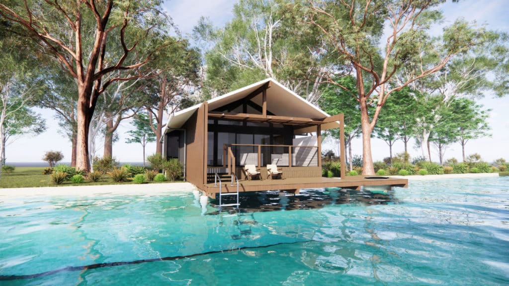 an artist's impression of an overwater bungalow with a plunge pool