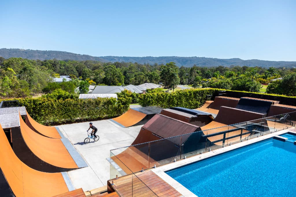 a photo of a gold coast airbnb home with a skatepark