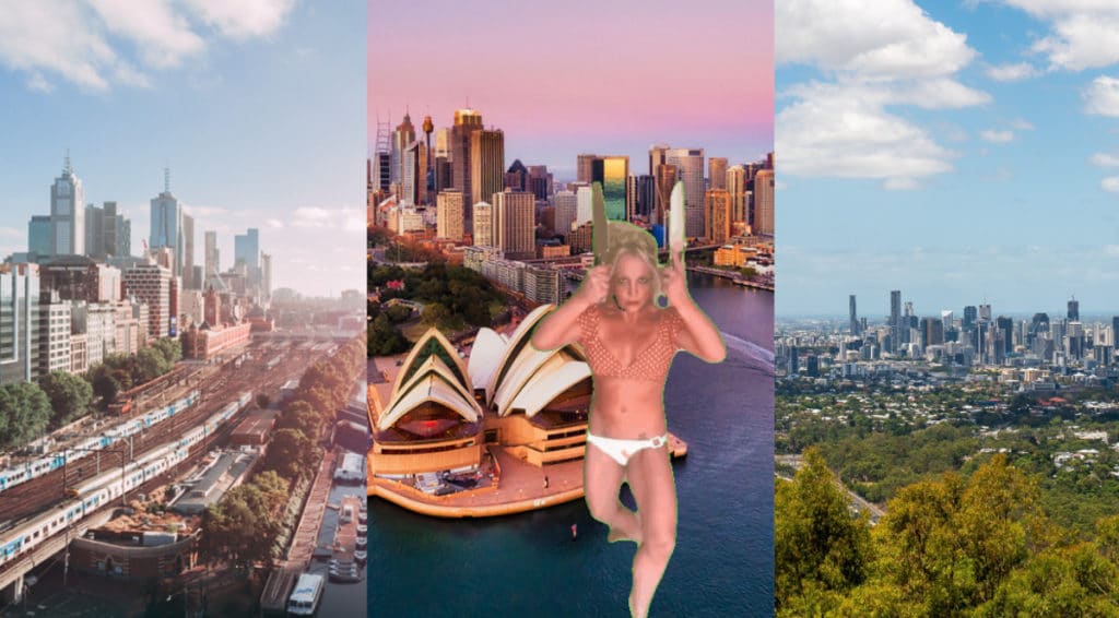 a photo of melbourne, sydney and brisbane with britney meme over the top
